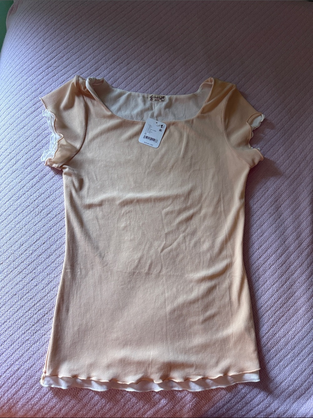 Free People Peach Ruffle-Edge Short Sleeve Tee